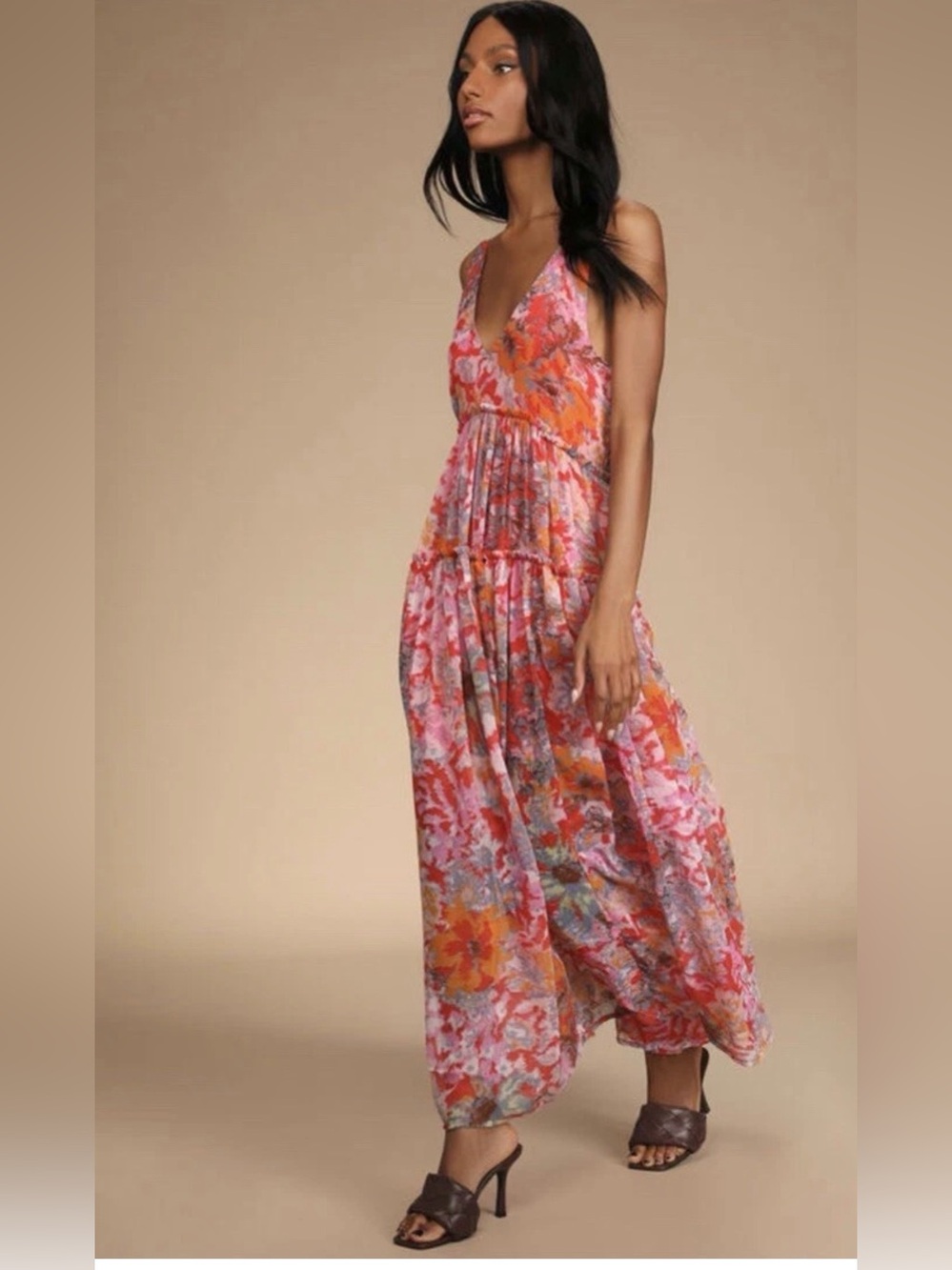 Free People Red Julianna Chiffon Maxi Dress Bohemian Summer Deep V Pockets Flowy - Picture 3 of 16